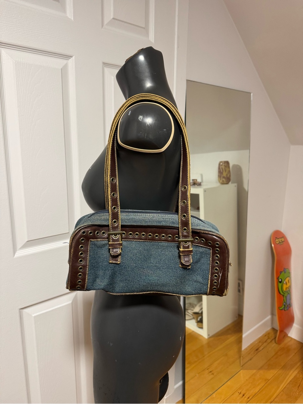 Denim and Brown Trim Shoulder Bag